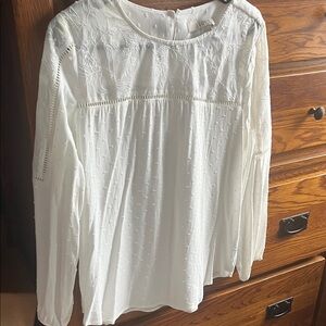 LOFT Ivory Embroidered Swiss Dot Long-Sleeve Blouse